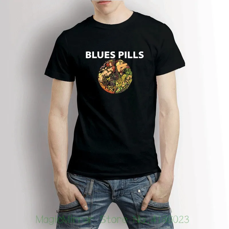 Blues Pílulas de Senhora, Em Ouro de turismo dos Homens T-shirt Tee Mans Único de Algodão de Mangas Curtas, O decote da Camisa de T