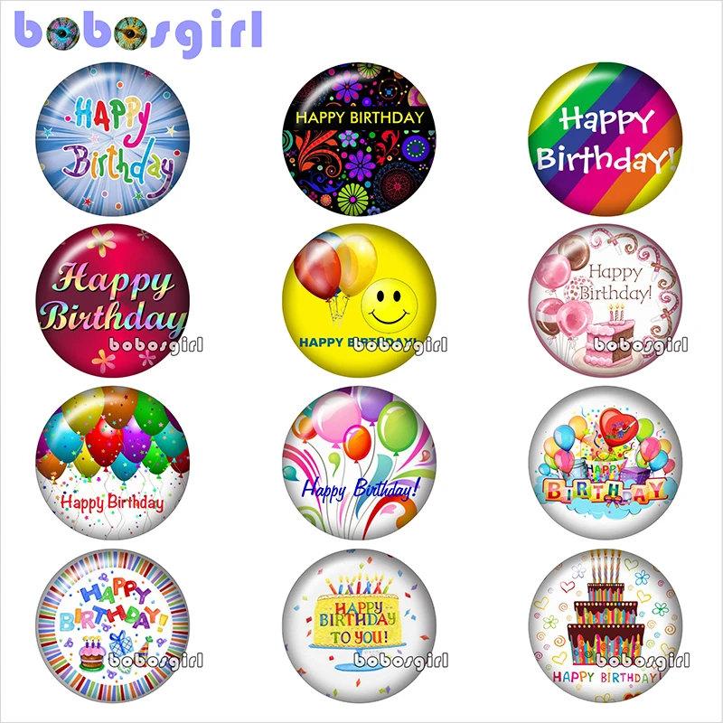 Feliz aniversário bolo de balão de vidro, botão snap jóias DIY Rodada foto pérolas plana TW1241