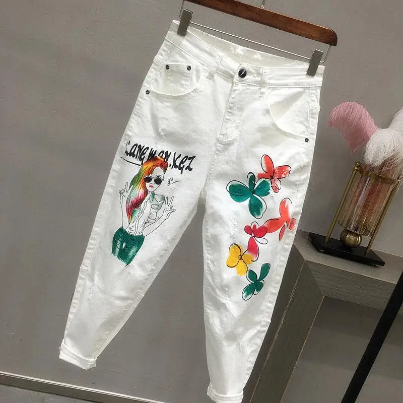 2021 Novo Outono Mulheres Jeans Cartoon Graffiti Imprimir Lápis, Calças de Cintura Alta Esticada Jeans Casual do Tornozelo-comprimento de Calças Calças
