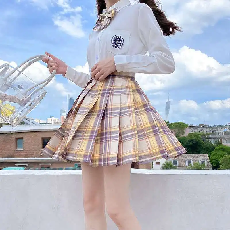 Japonês JK Uniforme de Duas peças de Conjunto de Mulheres Brancas Camisas Manga Longa + Manta Mini-Saia Estilo Preppy Saias de Cintura Alta de 2 peças do Conjunto de
