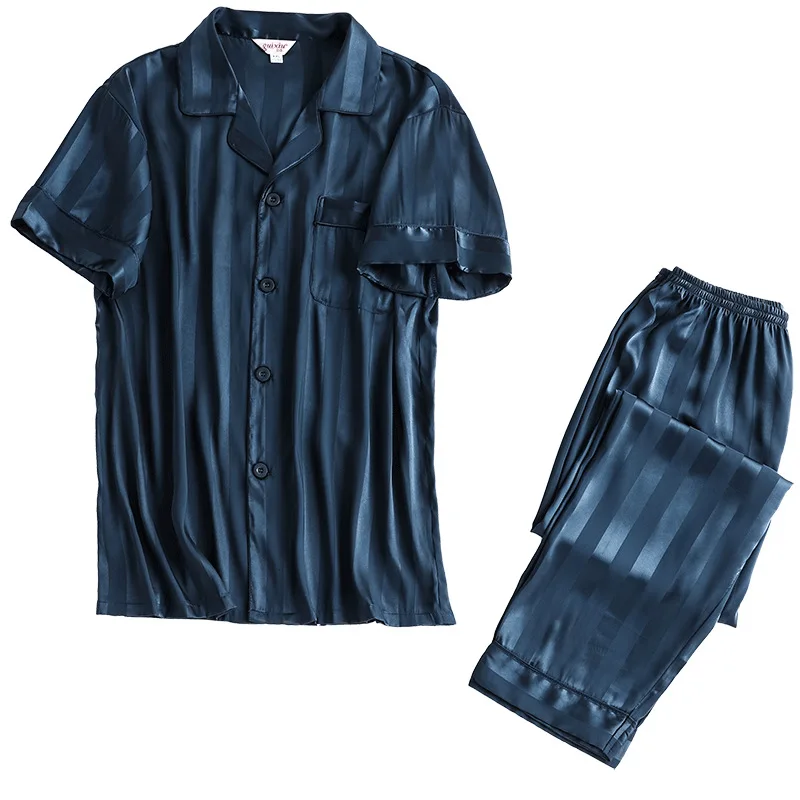 Pijama masculino de Seda de mangas Curtas Calças Calças de Verão Fino Terno de roupa de Duas peças de Serviço Inicial Primavera, Outono de Roupas masculinas