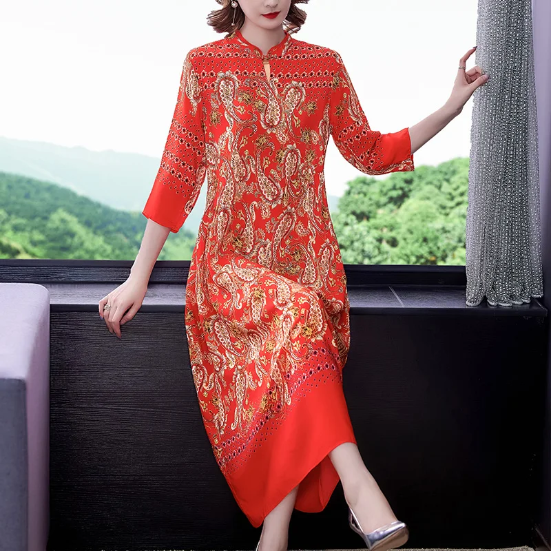 Verão Primavera Vintage 4XL Plus Size Vestido de Mulher Estilo Chinês Vermelho estampado de Seda Mulberry Midi Vestido Elegante Bodycon Vestidos de Festa