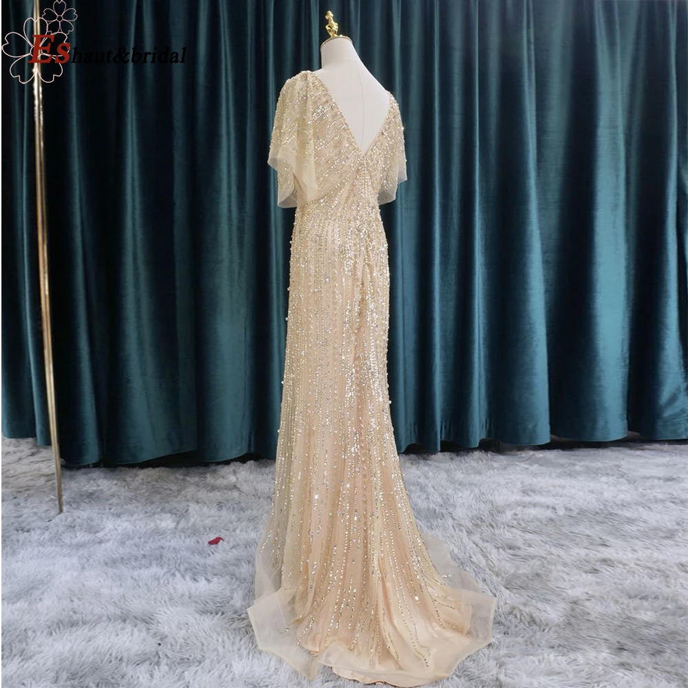 Vestido de Noite elegante para as Mulheres 2020 Ouro Sereia decote em V Esferas feito à mão Longa Festa Formal Vestidos de