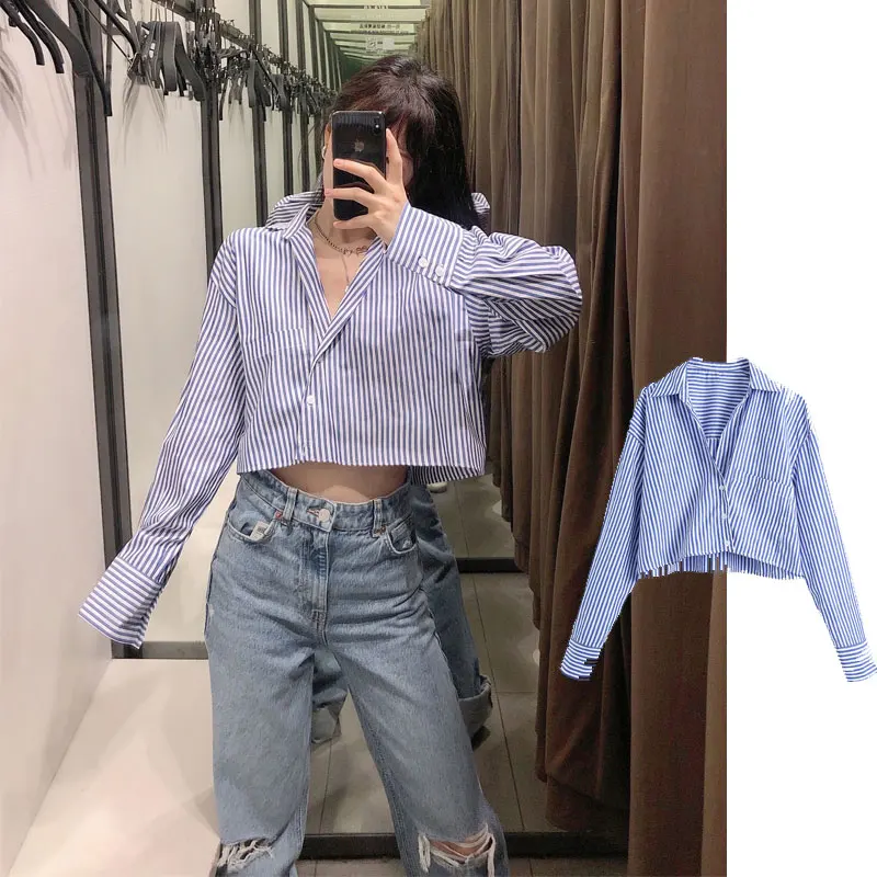 2021 ZA a primavera e o verão nova moda de curta blusa retro listrado de negócios camisa rua V-pescoço chic da moda das mulheres blusa