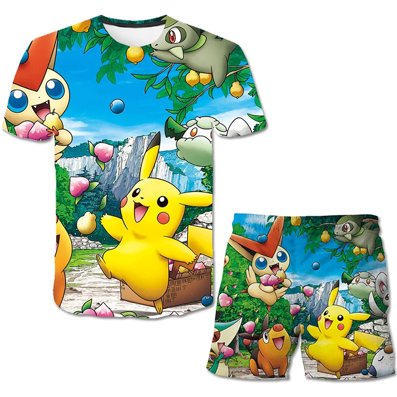New Kids Pokemon Imprimir T-Shirt Crianças Dos Desenhos Animados Pikachu Impressão Meninas De Calças Curtas T-Shirts Conjuntos De Roupa De Meninos Fashion Tees Tops