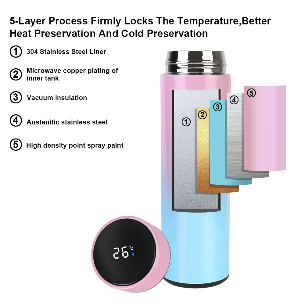 500ML de Led Visor Digital de Temperatura de Garrafa de Água de Aço Inoxidável Portátil Smart Isolamento de Copo Caneca de Café ao ar livre de Viagens