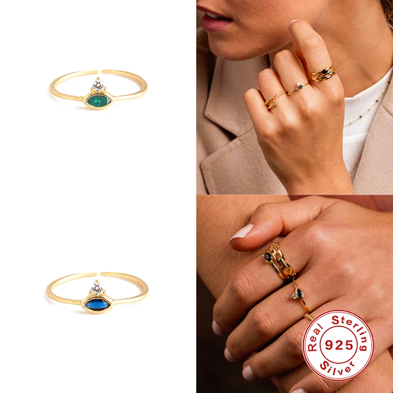 Assessor de Geometria de Linha de Anéis de Ouro para as Mulheres de Cristal Abrir Anéis de Prata 925 Jóias Finas, de Cor Azul, Olho Irregulares do Anel de Dedo