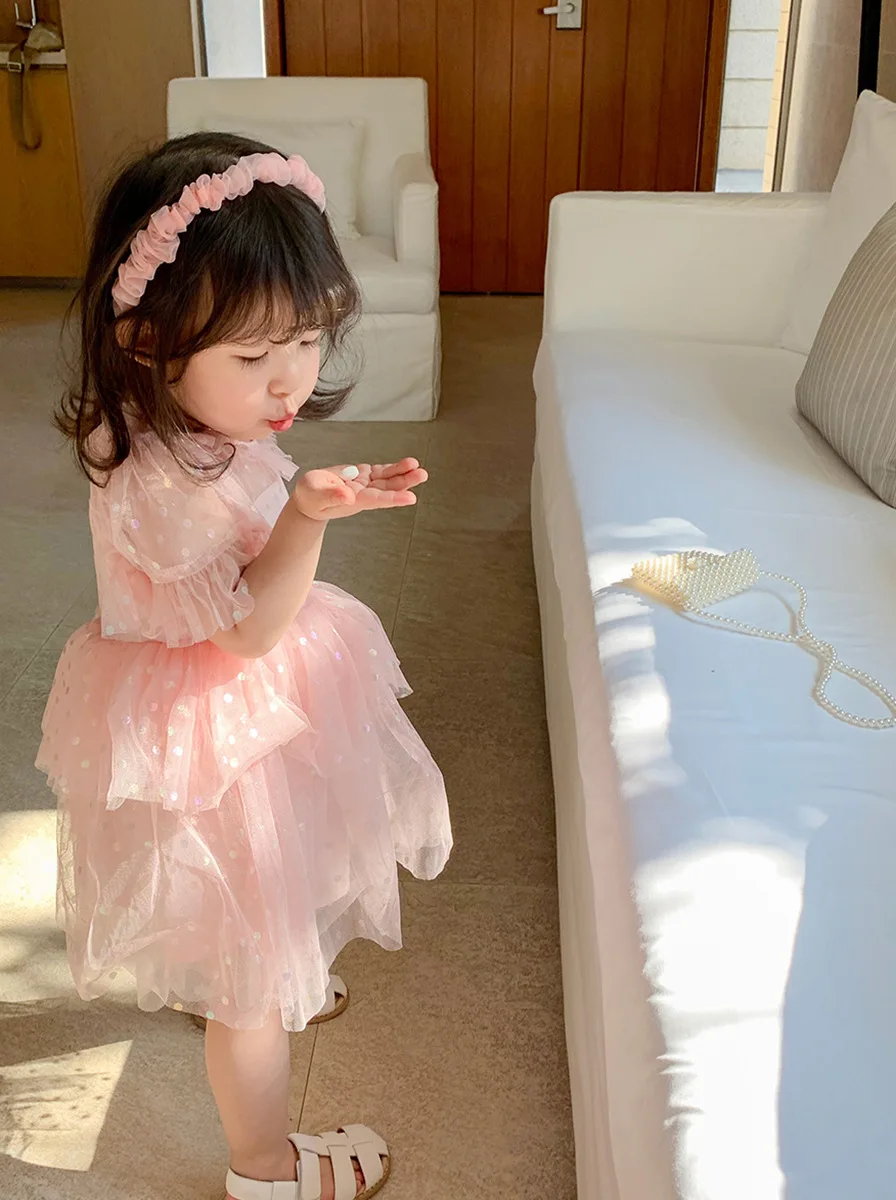 Meninas manga Curta Sling Dupla Brilhante Malha Princesa Vestidos de 2021 Verão Girl Dress Criança Bling Bling Crianças Vestido de Princesa