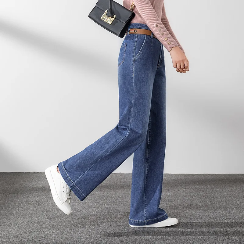 Mulheres Reta Jeans coreano Casual Cintura Alta Lavado Reta Wide Leg Jeans Para a Primavera Outono Calças