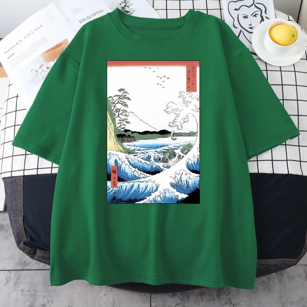 Ukiyoe Grande Onda de Impressão Feminina T-Shirt Estilo Casual e Roupas de grandes dimensões Crewneck Camiseta de Manga Curta Moda dos Homens T Shirts