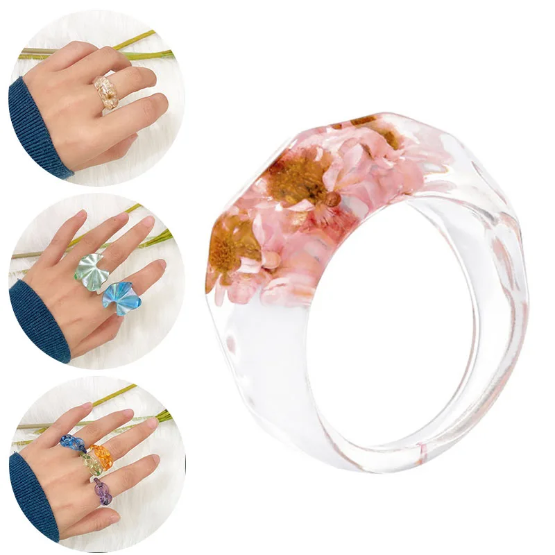 Moda Bonito Transparente Robusto Anéis de Resina Epóxi e flores Anéis Coloridos de Flores Secas de Anéis para as Mulheres Parte Presente da Jóia