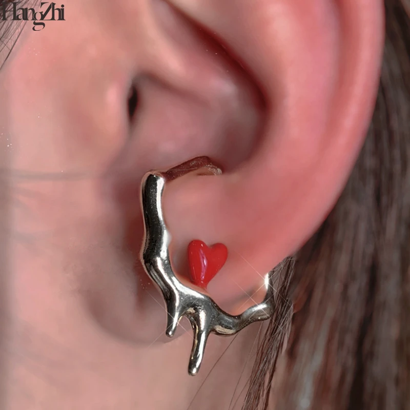 HangZhi 2021 Novo dignai-vos de Coração Vermelho Artística de Fusão Metalizado Geométricas Irregulares Sem Piercing Ear Cuff Clipe de Brincos para Mulheres