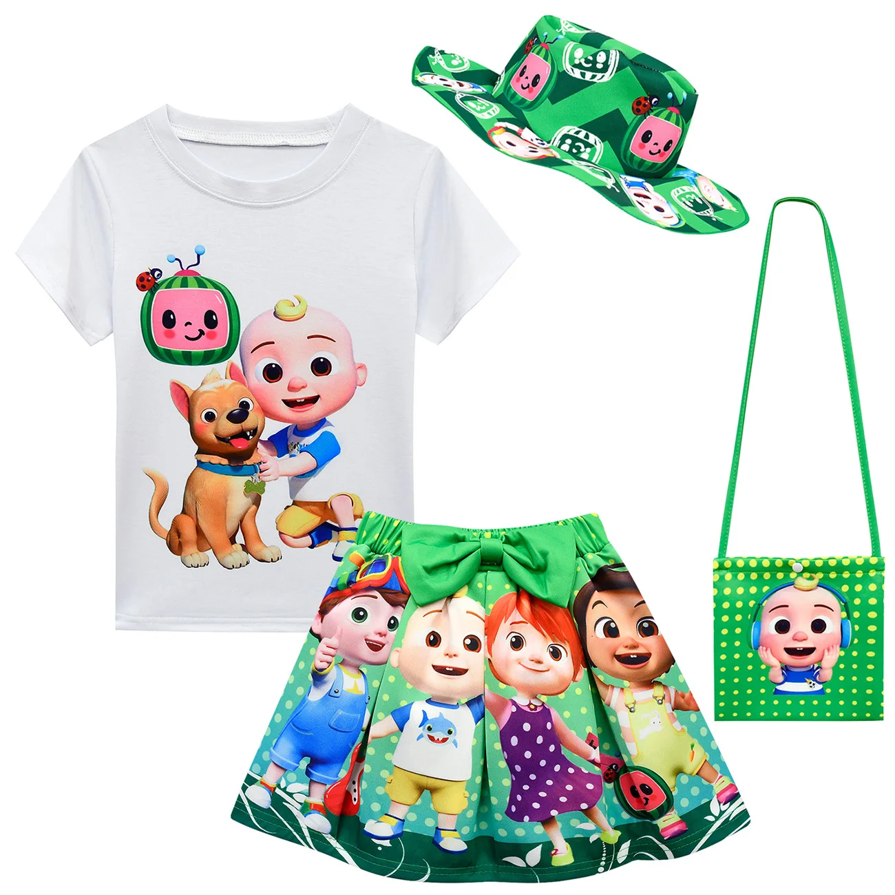 2021 Verão Crianças Bonito Cocomelon T-Shirt + Saias Saco Pequeno Chapéu de 4pcs Ternos Bebê desenho animado de Meninas de Saia Conjuntos de Roupas para Crianças