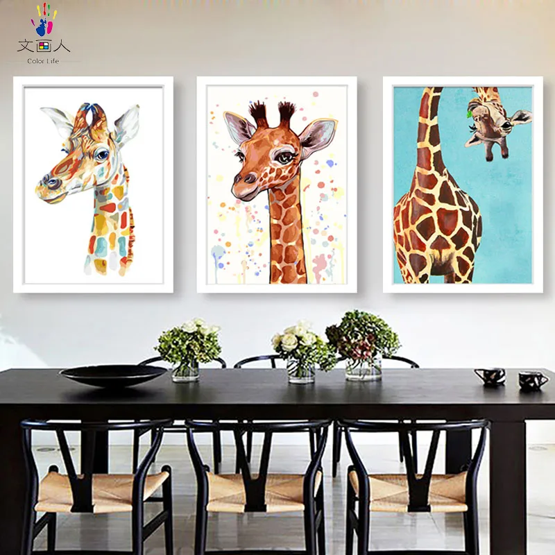Diy para Colorir Pintar por Números Girafa Comendo Grama Animais, Imagens de Pintura por Números com Cores para Crianças de 3 Peças Hoom Decoração