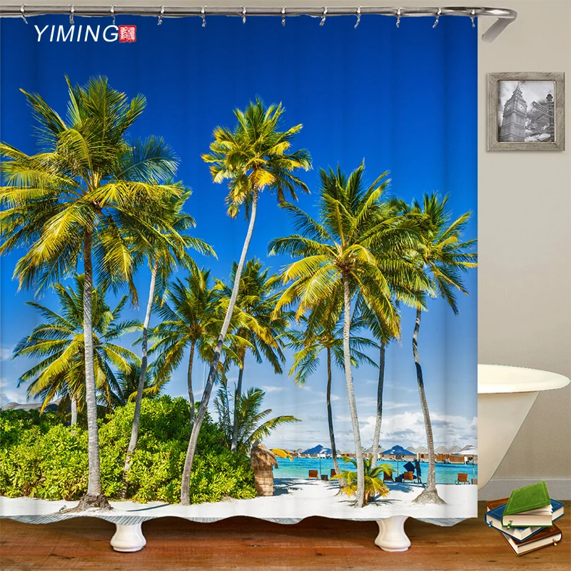 3D em Sunny Beach, Palm Leaf Impresso casa de Banho Cortina de Chuveiro do Poliéster Impermeável de Decoração de Casa de Cortina Com o Gancho da Cortina