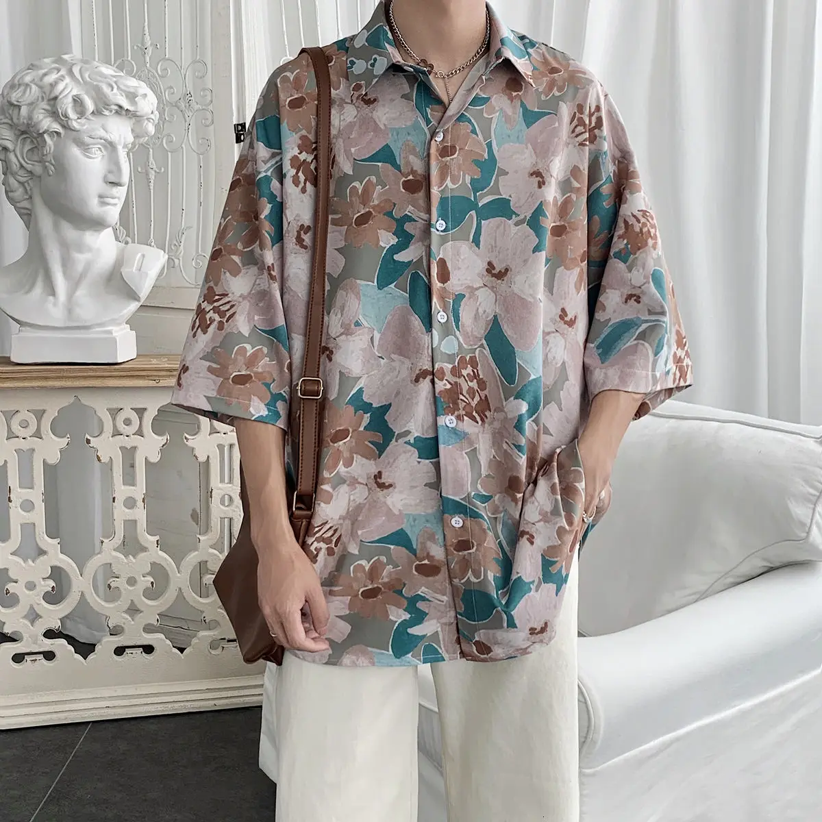 2021 de Verão, Moda masculina Floral Impressão de Gelo de Seda, Camisas de Manga Curta Solta Camisa Masculina Roupas de Streetwear Camisas M-2XL