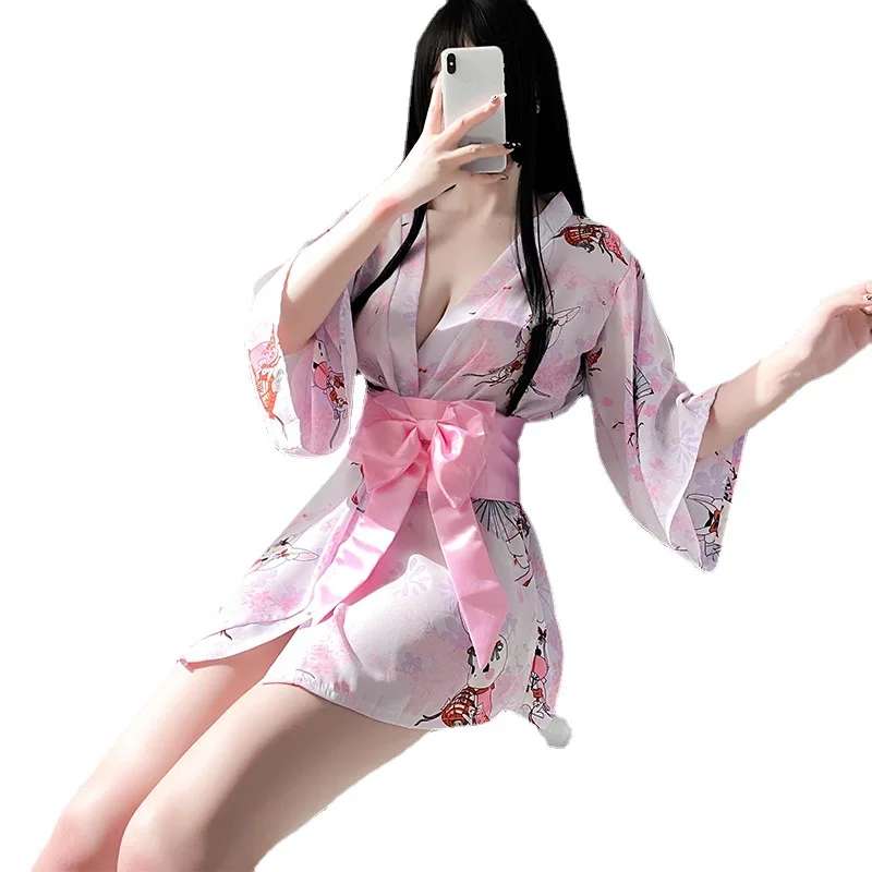2021 novas senhoras de verão de nova lingerie sexy Japonês-estilo de impressão arco coelho quimono jogo de uniforme tentação roupa sexy