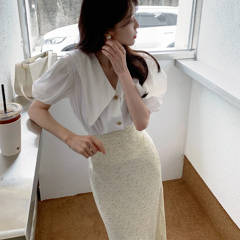 Korejpaa Mulheres Conjuntos De 2021 Verão Coreano Chique Doce Doce Temperamento Lapela Solta Puff Manga Da Camisa De Cintura Alta Pequena Saia Floral