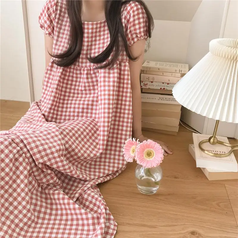 Candy Color Xadrez De Verão Camisola De Algodão Solto Kawaii Pijamas Em Casa Roupas Coreano Vintage Puff Manga Curta Homewear
