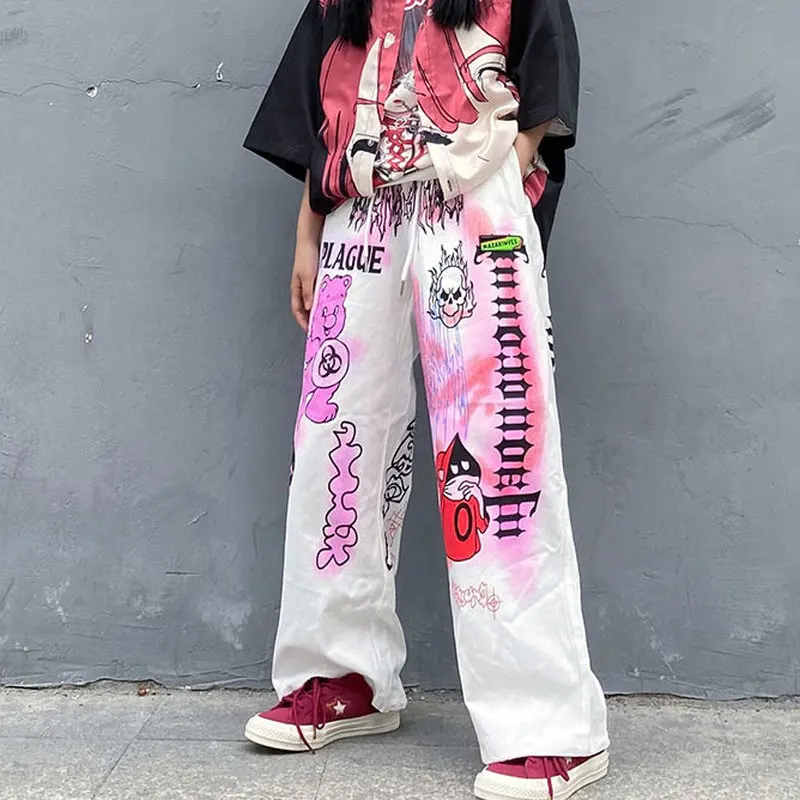 QWEEK Oversize Y2K Hippie de Impressão Calças Palazzo Mulheres de 90 Estética dos desenhos animados Anime Calças Mulheres Graffiti Grande Perna de Calças de Mulher