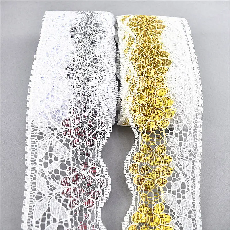 Alta Qualidade 10yards Ouro Prata Laço de Fita Fita 64 milímetros de Largura africana laço de tecido de Vestuário de DIY Decoração/chapéu Branco Guarnição do Laço