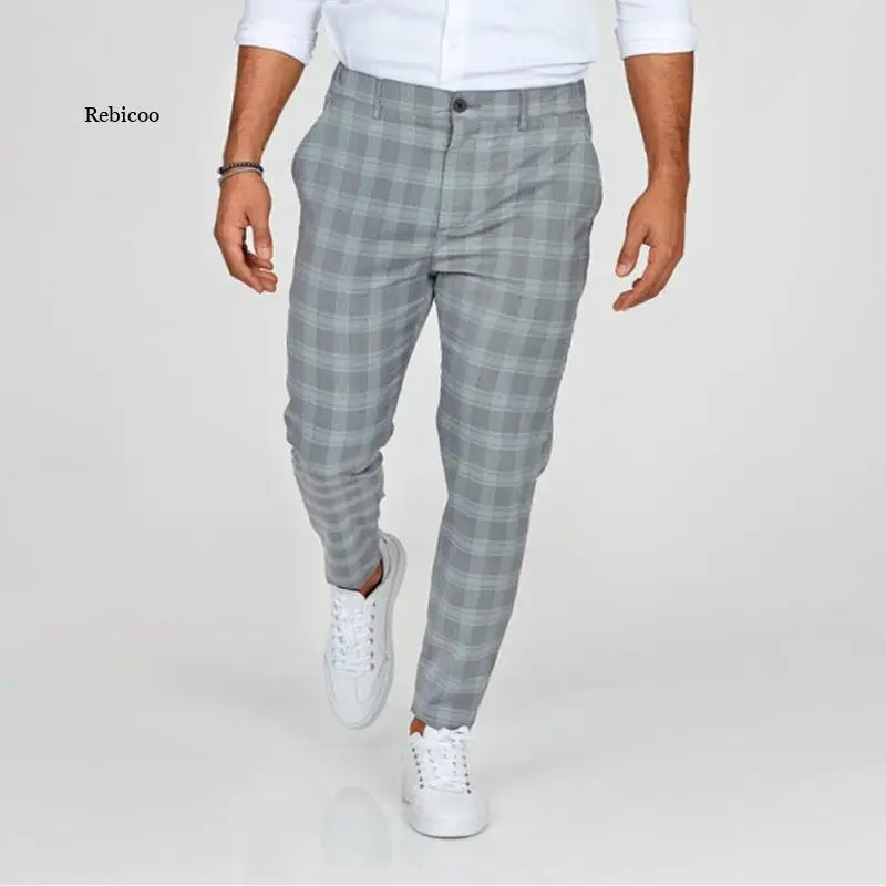 Homens do Algodão Casual Calças Xadrez Zíper Confortável Respirável Calças de Negócios de Moda Ropa Hombre Streetwear Pecli Calças