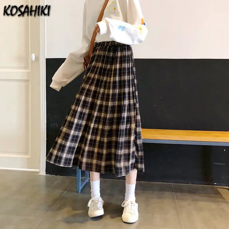 KOSAHIKI Japonês Harajuku Kawaii Vintage Xadrez Mulheres de Saia Meninas Estudantes Bonito de Alta Wasit Longo de Uma linha-Saias Streetwear 2021
