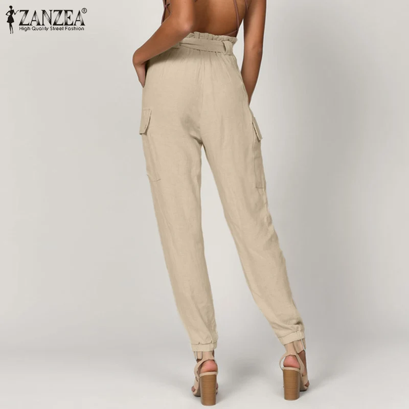 Moda das Mulheres de Calça ZANZEA 2021 Verão OL Solta Calça Casual Sólido Elástico na Cintura Fundos de Senhoras de Laço Bolsos Pantalon