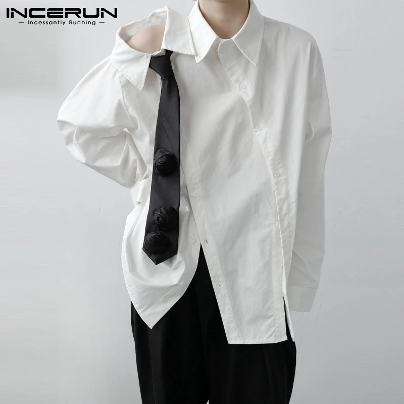 Homem Solta Elegante Blusas INCERUN Homens de Lazer Cor Sólida Camisa de Manga Longa de Lapela Blusa Estilo coreano Irregular Botão de Camisa 5XL