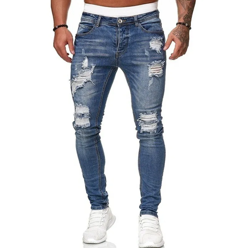 Homens Elástico Na Cintura Jeans Skinny Homens 2020 Trecho Rasgado Calças De Streetwear Mens Denim Jeans Azul