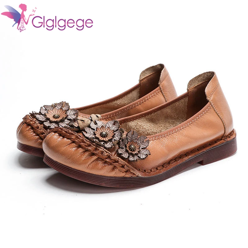 Glglgege 2020 Alta Qualidade Primeira Camada de Couro Sapatos de Moda Confortável e Casual Sapatos Macios Plano de Fundo com Flor Sapatos femininos