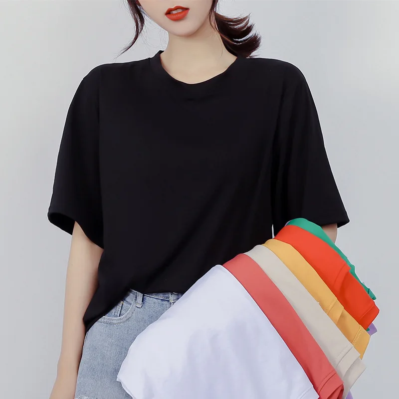 Mulheres T-Shirt de Verão Curto Manga de Cor Sólida em torno do Pescoço Camisola de Meia Manga Casual Solta Assentamento Camisa coreano Feminino Top