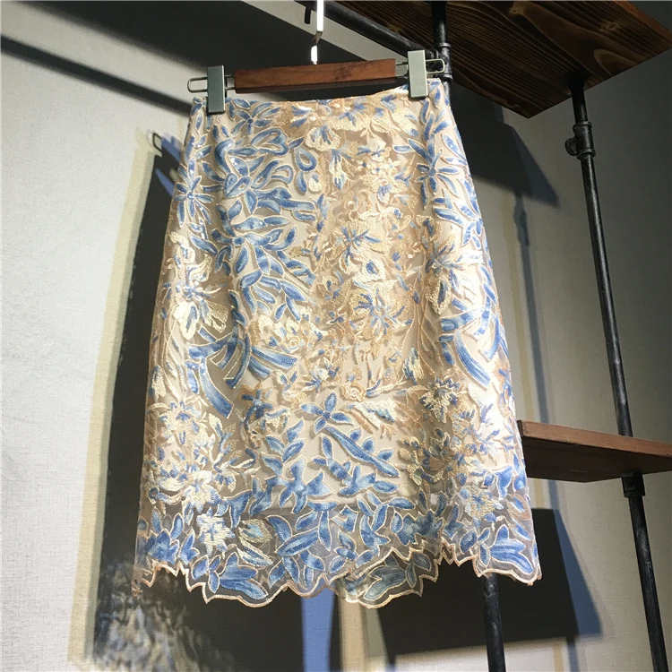 Design de luxo Bordado de Flores de renda saia de Verão Casual Saias Elegante Senhora do Escritório Saia de Sais Saias Lápis Inferior