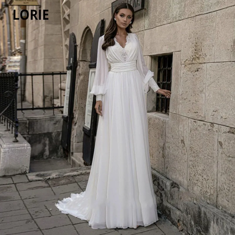 LORIE árabe Vestidos de Noiva V-Neck Lace A Linha de Vestido de Noiva Chiffon Mangas compridas Branca, Marfim, Feito-Festa de Vestido de Noiva 2021