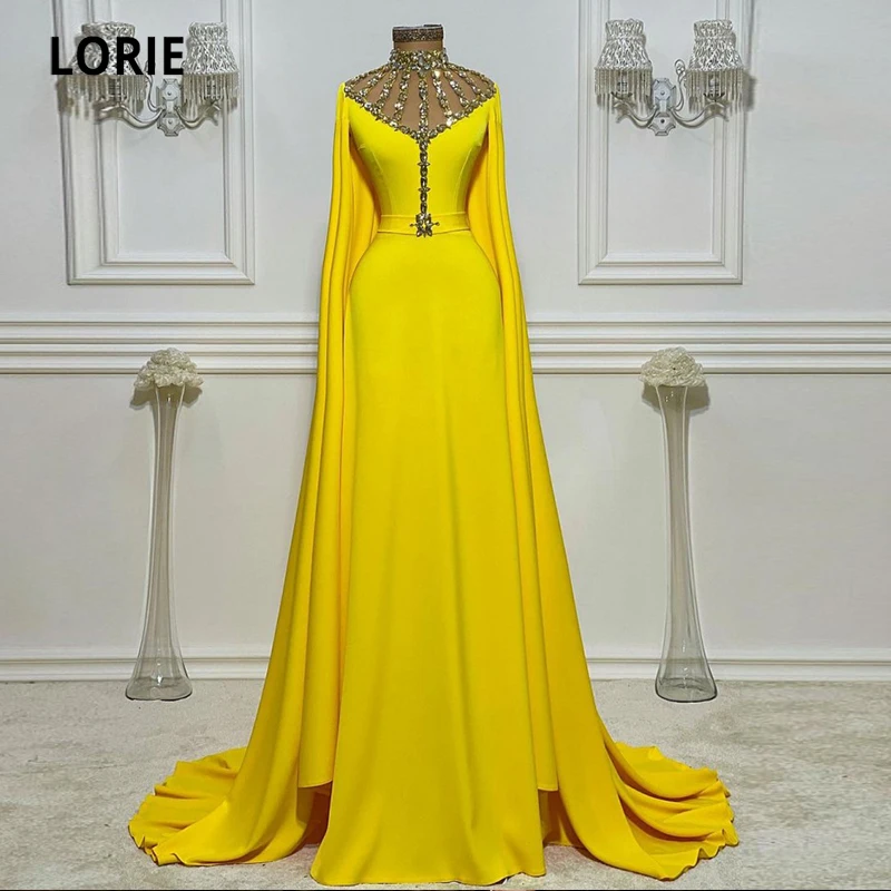 LORIE árabe Vestidos de Noite 2021 Cristais, com Gola Alta, Mangas Amarelo Sereia Vestidos de Baile de Luxo Ouro Celebridade Vestidos de Festa