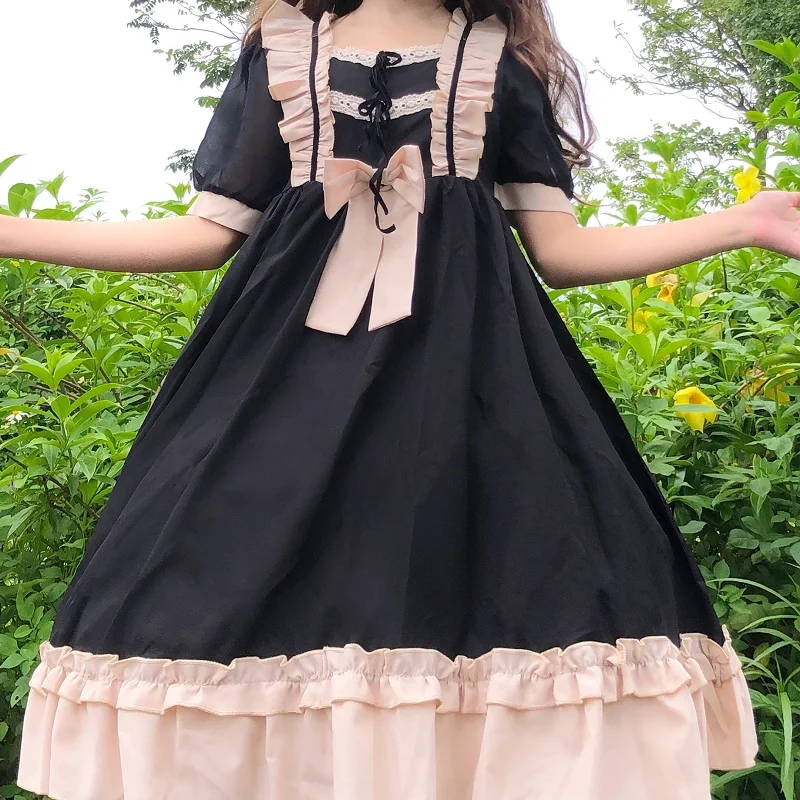 Japonês Harajuku Gótico Mulheres De Vestido Primavera Curativo Arco Emenda Doce Menina Lolita Cosplay Kawaii Babados Arco Mulheres Vestidos De Festa