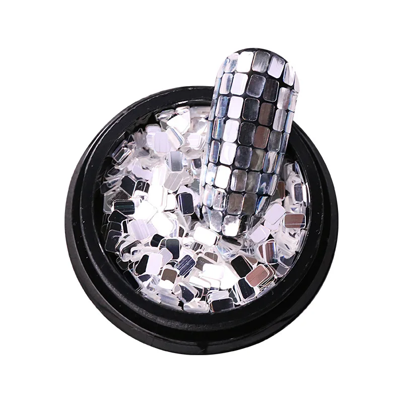 1Box Tamanho da Mistura de 0,2-3mm de Unhas de Glitter Holográfico Paillette Espelho de Prata Flakies Losango, Quadrado/Retângulo/Filamentosos Unhas de Paetês