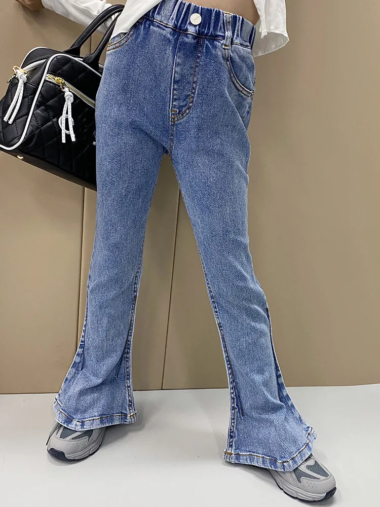 Menina de moda jeans Boot Cut 2021 primavera, outono novo denim, calças de crianças de cintura alta calças calças de brim de crianças cowboy 4-14Y wz34