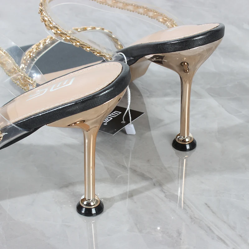 Mulheres Sandálias 2021 Verão PVC cristal de rocha Cadeia de Sandálias de Salto Alto Agulha de Moda Festa feminina de Sapatos de 10CM
