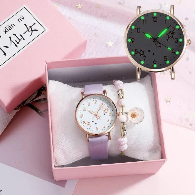Novo Luminosa Mulheres Relógios de Moda Conjunto pulseira Senhoras Relógios de Pulso Casual de Couro Pulseira Relógio de Quartzo do Relógio Relógio Feminino