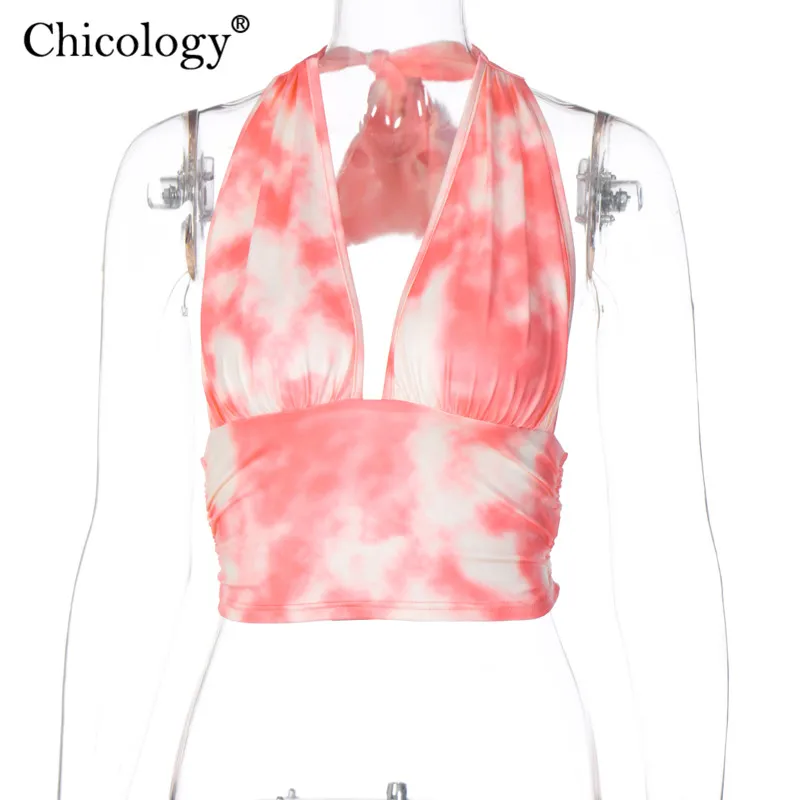 Chicology tie dye lace halter cultura camis top neon sexy festivais de streetwear mulheres 2020 verão, outono curto roupas de festa do clube