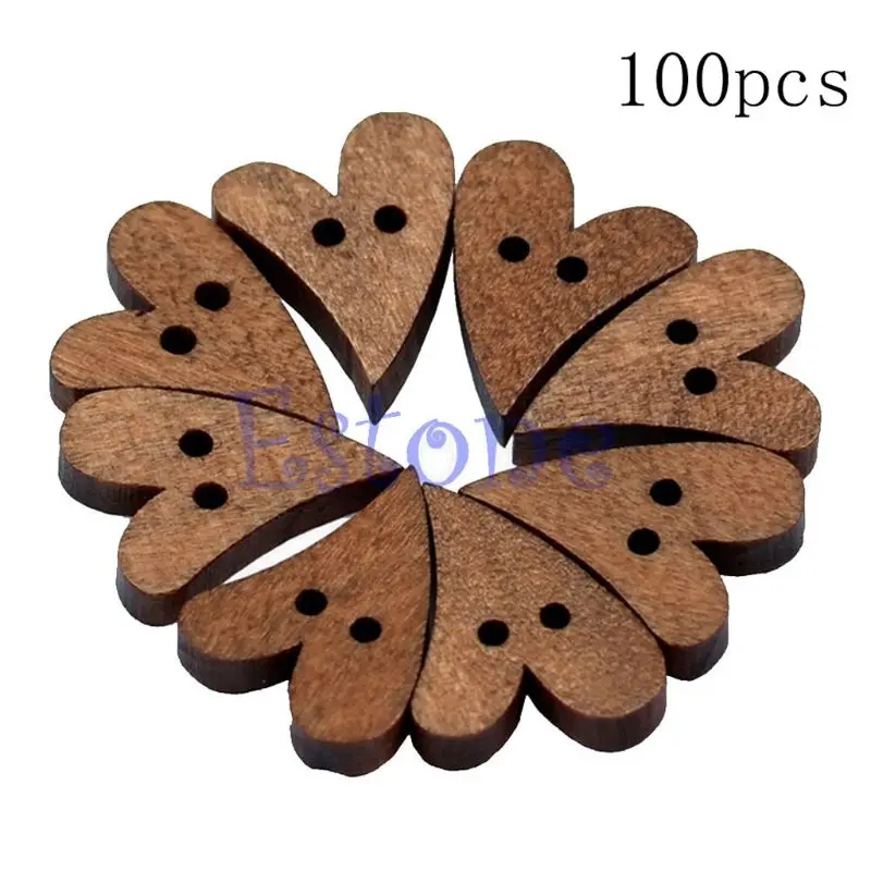 100 PCS 20Mm Forma de Coração Marrom de madeira de Madeira de Costura, Botão de Artesanato, Scrapbooking