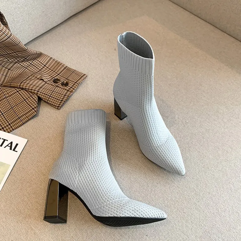 2021 Mulheres Botas Curtas Sapatos Kintting Tecido Elástico, Palmilha Botas Dedo Apontado Senhoras Praça Saltos De Inverno Senhoras Quentes De Moda De Nova