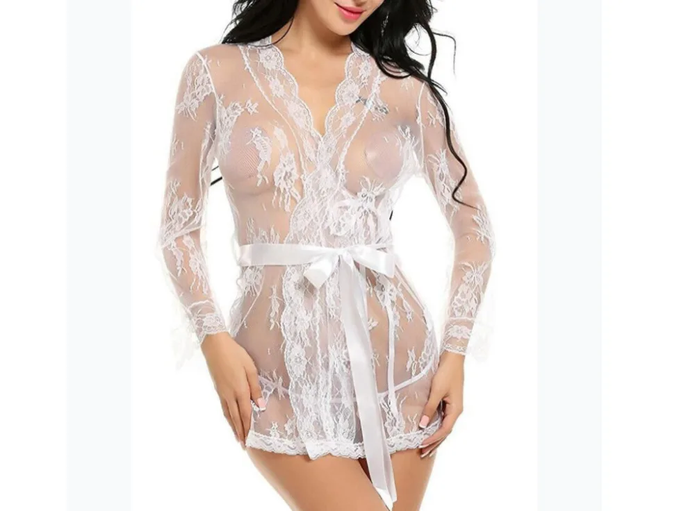 Mulheres Sexy Transparente Túnica de Roupões de banho de Senhoras de Ver através do Laço de Pijamas de Malha roupas de Dormir Nightdress Sleepdress Exóticas Vestuário