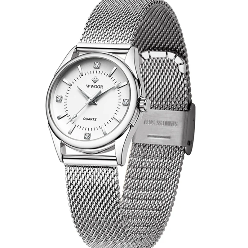 De alta qualidade Japonesa movimento WWOOR Relógio Para Mulheres Genebra Vestido das Senhoras Relógios de Quartzo de Prata de Malha de Aço relógio de Pulso Relógio Branco