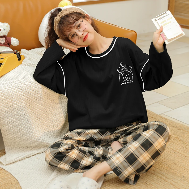 Pijama Conjuntos Mulheres De Outono Linda Casa De Estudante De Impressão De Manga Longa 2 Peça Senhoras Nightclothes Algodão Elegante Estilo Coreano