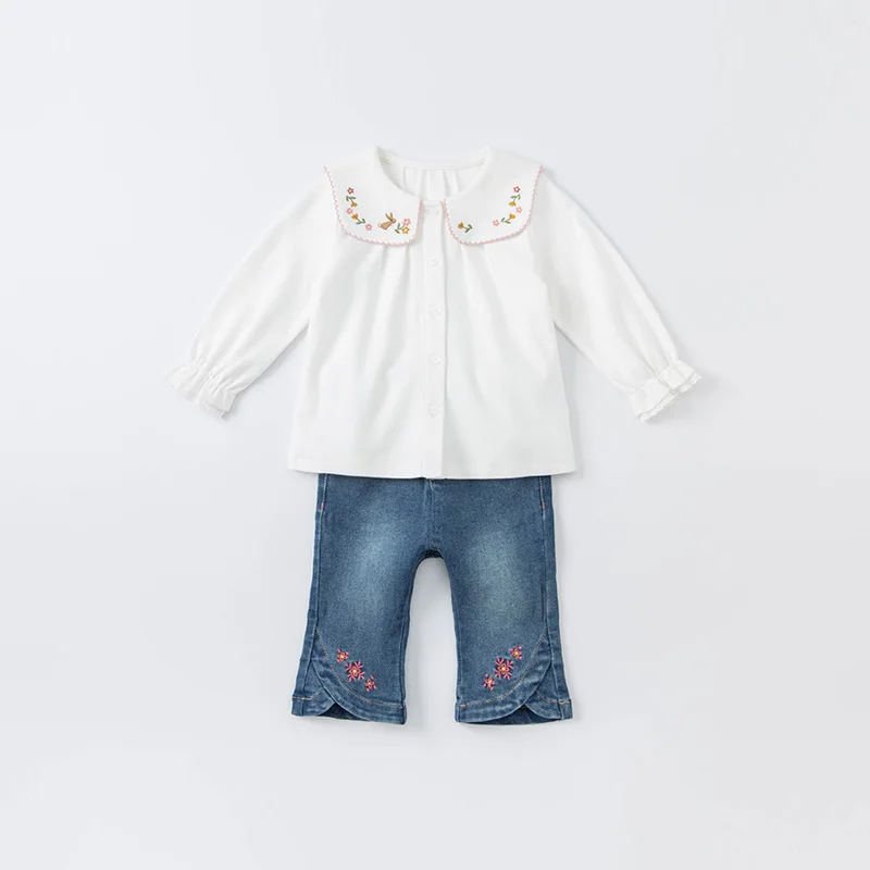 DBZ19045-1 dave bella outono de meninas bebê bonito bordado floral T-shirt crianças tops crianças girl fashion tees