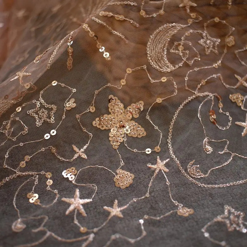 2 medidores de qualidade da malha tridimensional bordado de Estrelas lantejoulas tecido do laço diy Nigéria vestido de praia vestido de noite de renda