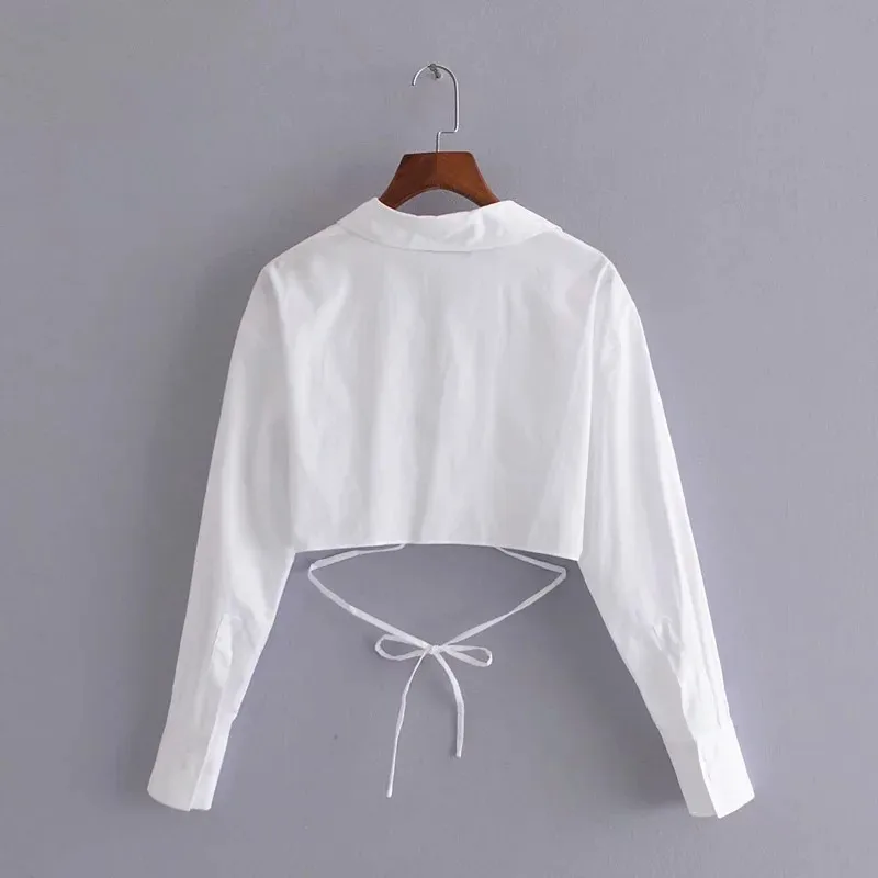 Verão Za 2021 Branco Vintage De Tiras Cropped Tops Mulheres Elegantes Envoltório De Moda Plissada Shirt Mulher Manga Longa Túnicas