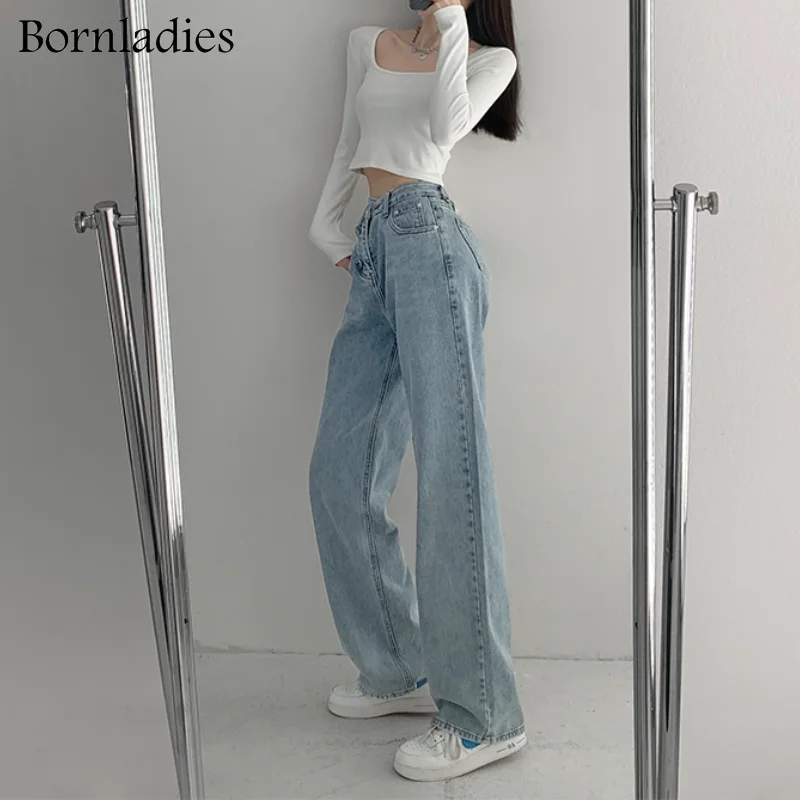 Bornladies Mulheres do Vintage Soltas, Jeans Casual Lavado Moda Cintura Alta Largura de Perna Y2K Calças Femininas Harajuku Rua Calças Jeans